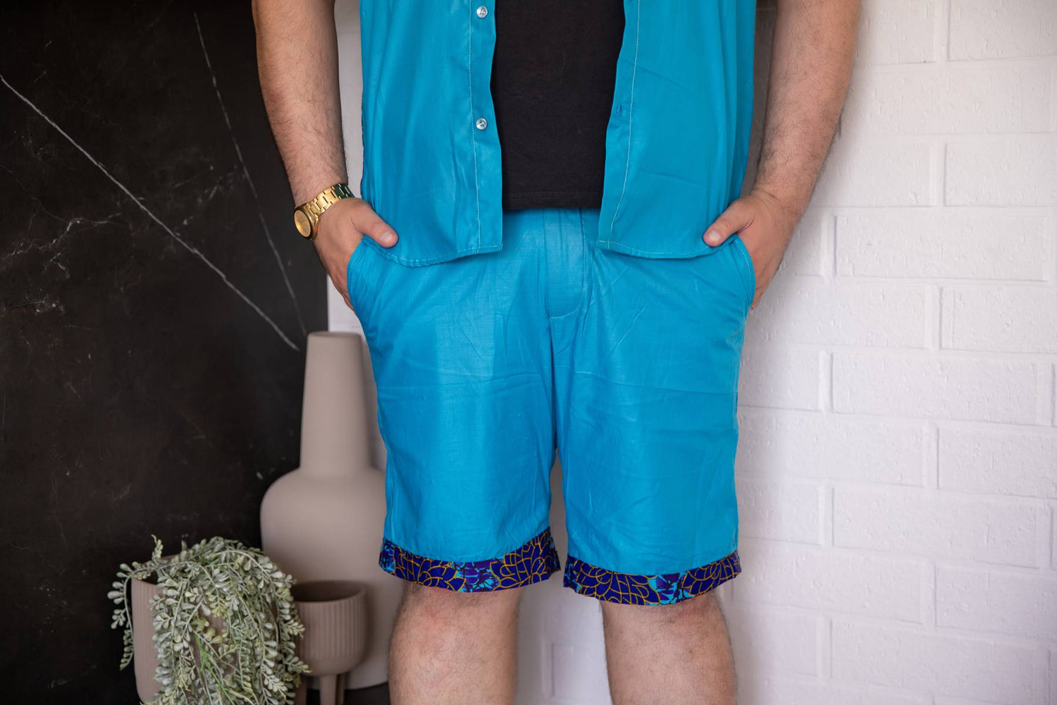 Mens bold blue shorts with African pattern - Spice up your wardrobe