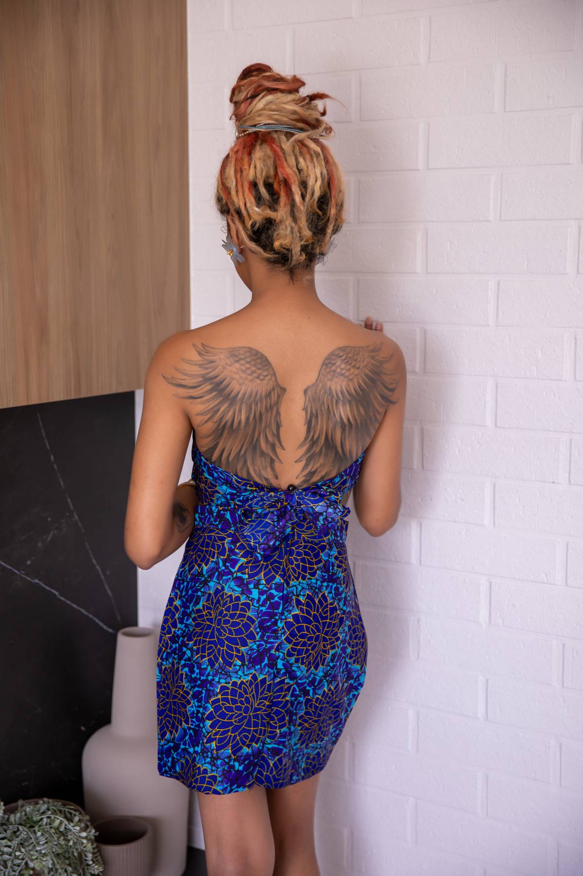 Backless blue pattern dress NZ unique bright bold