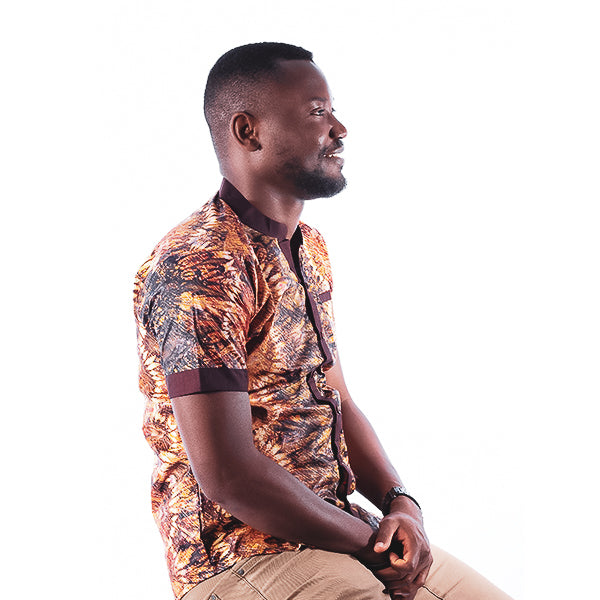 Orente fashions - Dimeji Button-Down {Brown}. This African shirt for men is ideal for both smart and casual occasions, transitioning from the office to an evening out. Pair with jeans or smart pants for a look unique to you. 