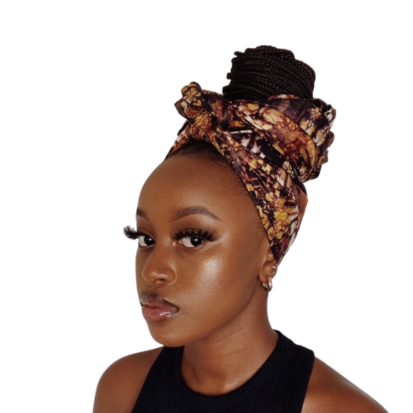 A lady with the Tobe Headwrap around her hair